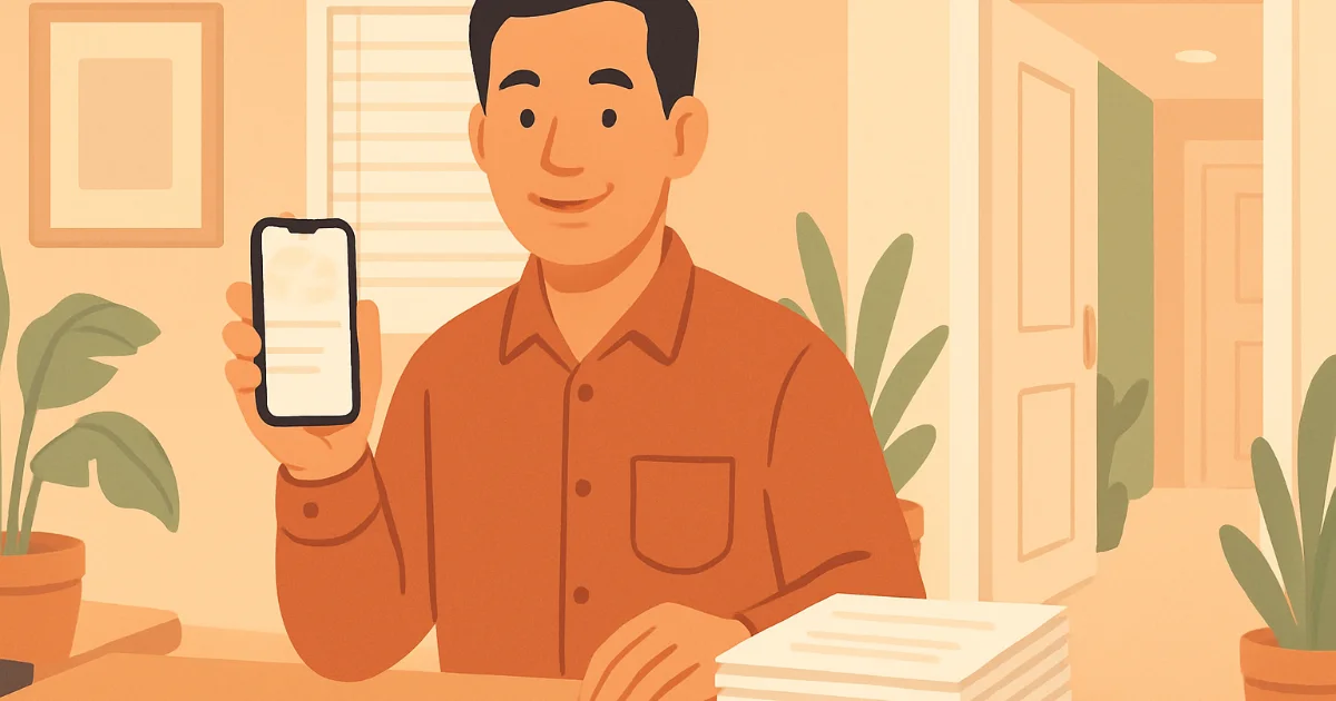 Chủ nhà trọ người Việt đang xem điện thoại cạnh tập hồ sơ trong căn phòng sáng sủa, phong cách minh họa phẳng hiện đại.