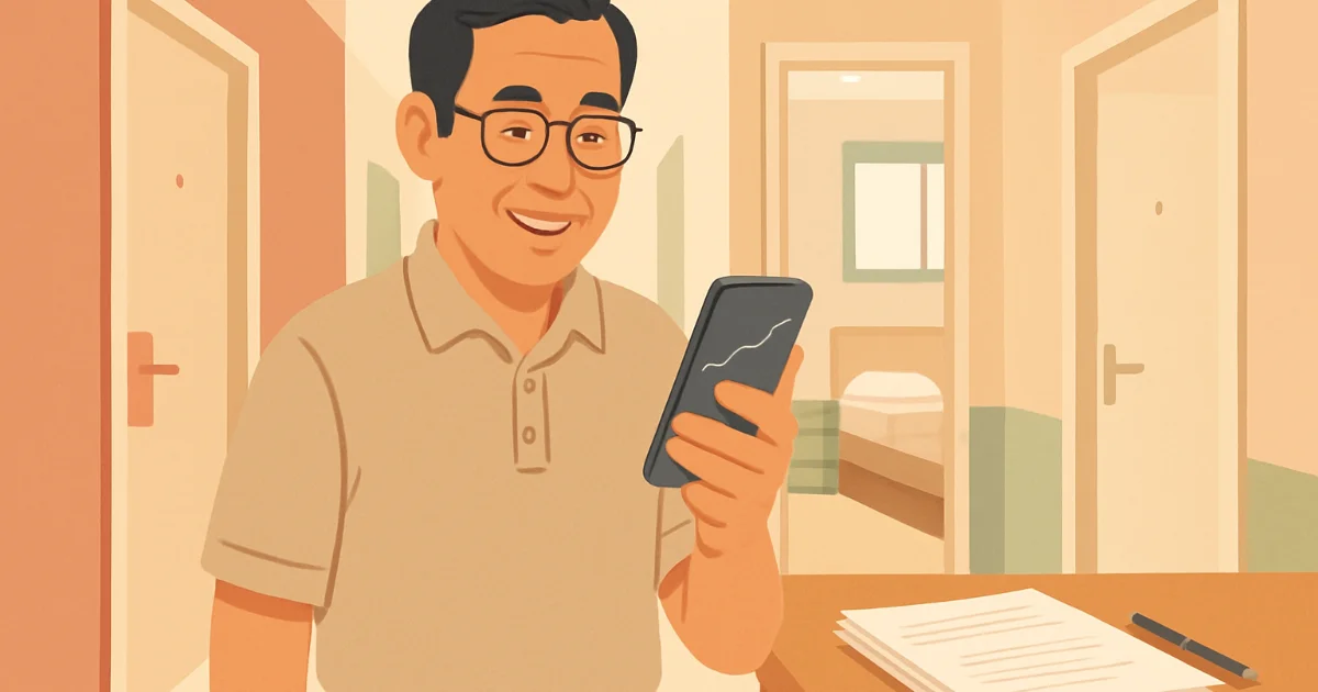 Chủ nhà trọ Việt Nam đang cầm điện thoại xem thông tin trong dãy hành lang chung cư mini, bên cạnh là bàn giấy tờ gọn gàng.