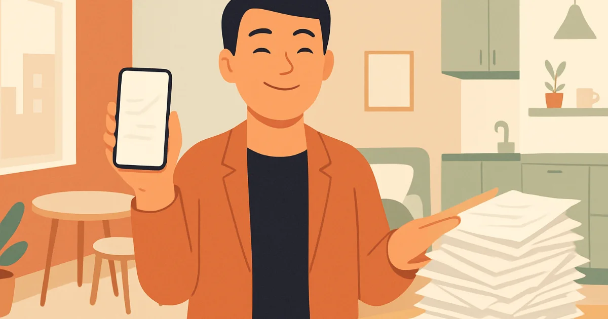 Chủ nhà Việt Nam cầm điện thoại quản lý phòng trọ, bên cạnh là những xấp giấy tờ cũ được xếp gọn gàng, phong cách tối giản.