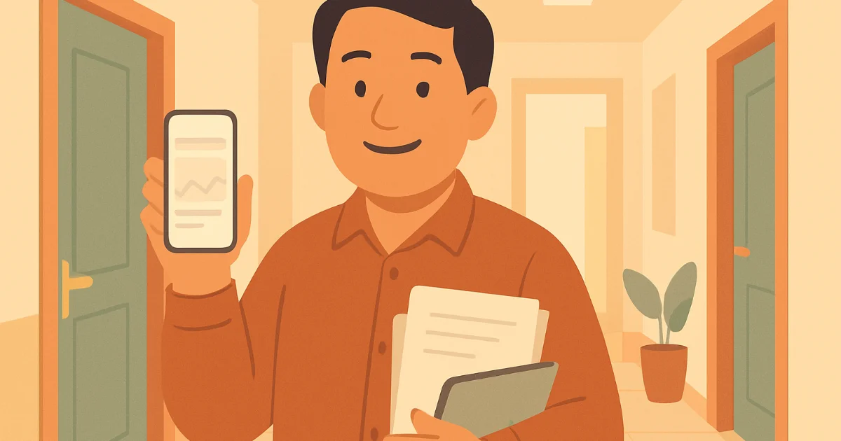 Chủ nhà trọ người Việt đang dùng điện thoại quản lý tòa nhà, phong cách minh họa phẳng, màu cam đất, kem và xanh lá.