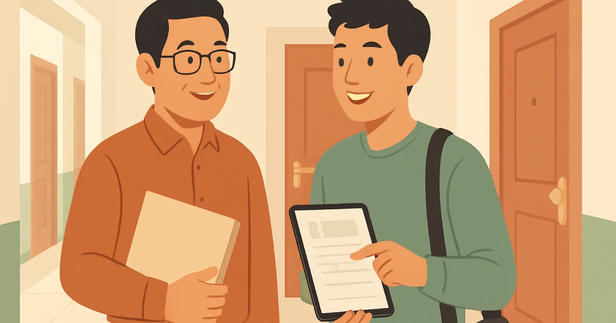 Chủ nhà và khách thuê người Việt đứng trong hành lang chung cư, cùng nhìn vào máy tính bảng và tập hồ sơ, phong cách minh họa phẳng.