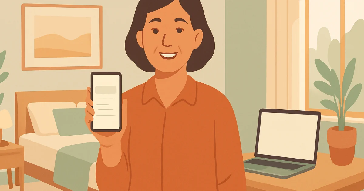 Chủ nhà homestay đang mỉm cười cầm điện thoại trong căn hộ hiện đại, bên cạnh là laptop, phong cách minh họa phẳng màu sắc ấm.