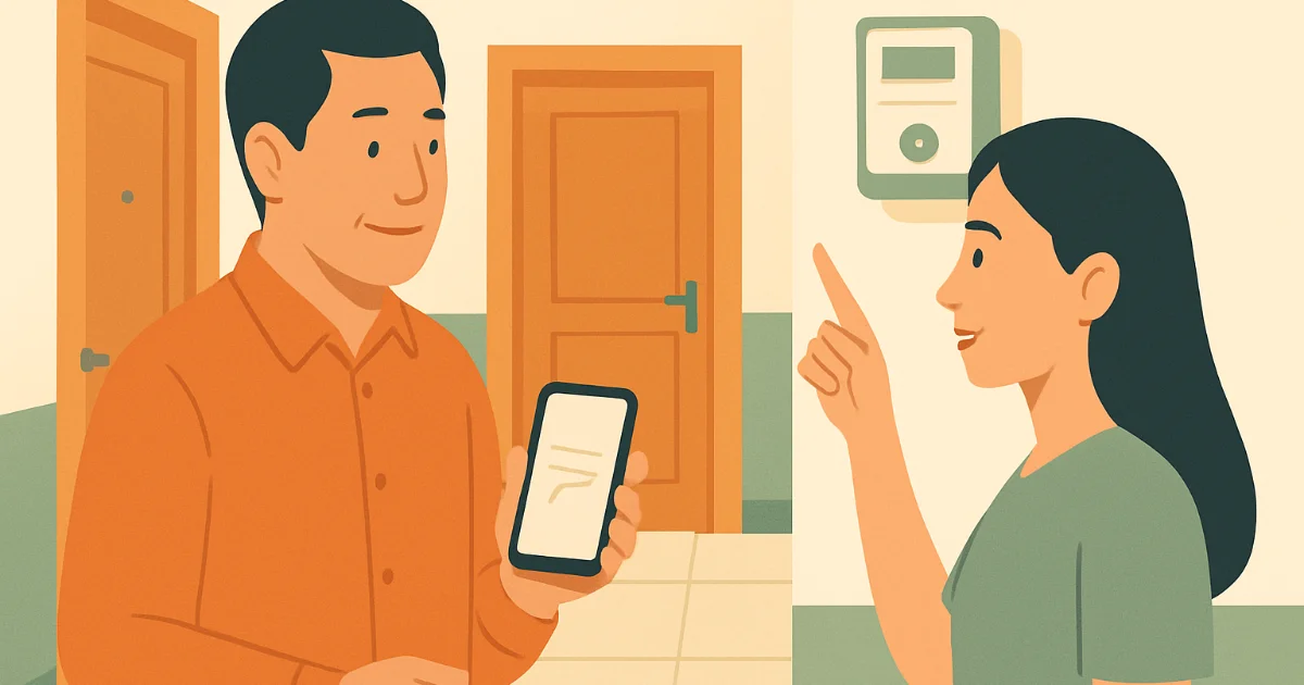 Chủ nhà đang dùng điện thoại cùng khách thuê kiểm tra công tơ điện ở hành lang chung cư, phong cách minh họa phẳng hiện đại.