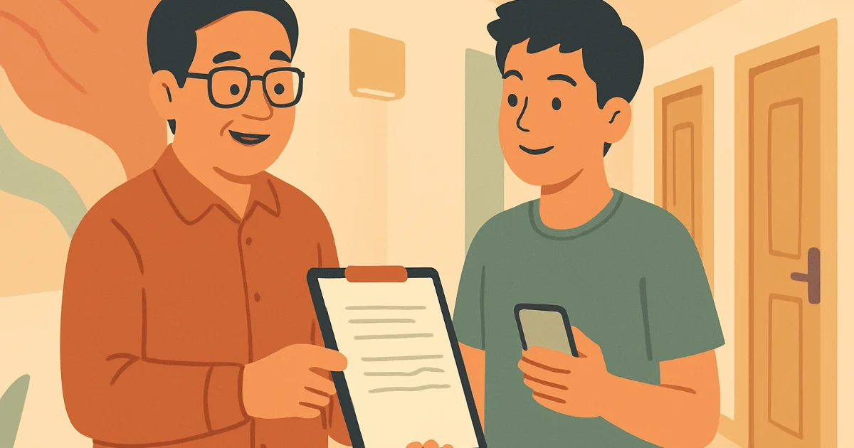 Chủ nhà và khách thuê đứng ở hành lang chung cư mini đang trao đổi giấy tờ, phong cách vẽ phẳng, màu ấm áp, chuyên nghiệp.