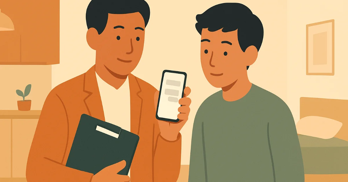 Chủ nhà trọ cầm điện thoại và tập hồ sơ đang trao đổi với người thuê trong căn phòng sáng sủa, phong cách minh họa phẳng.