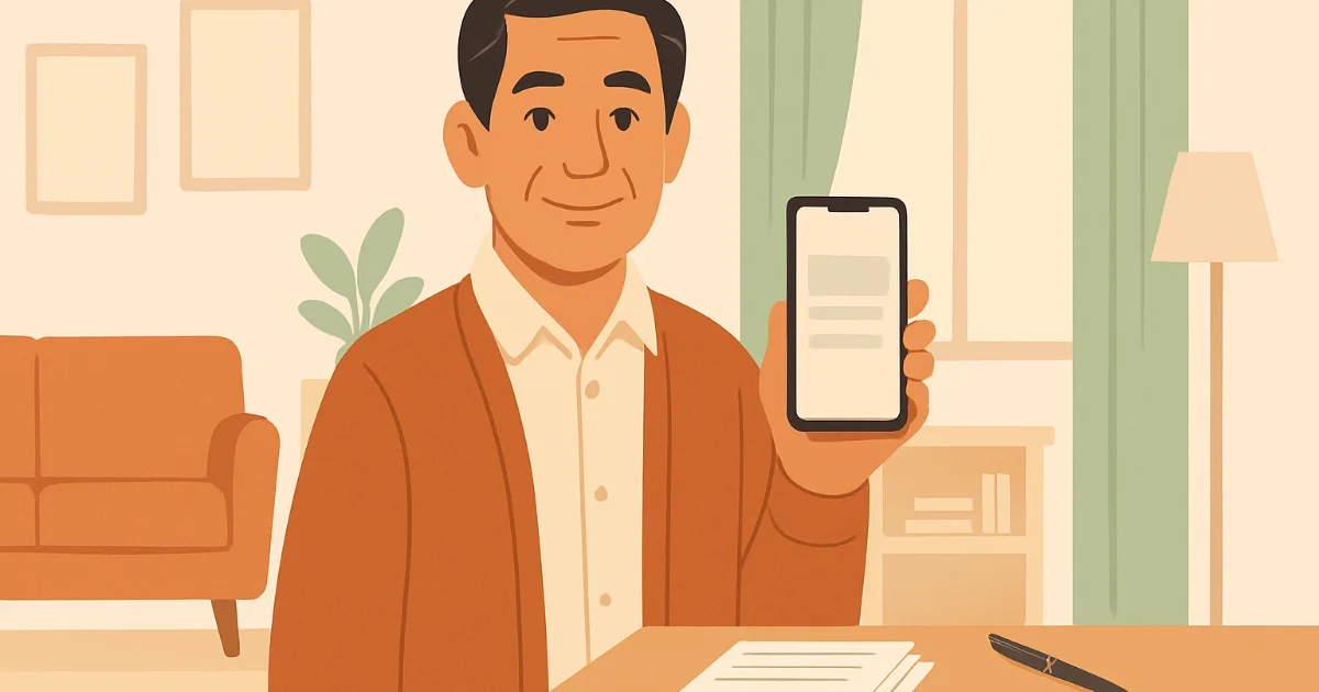 Chủ nhà trọ người Việt đang cầm điện thoại trong căn hộ hiện đại, bên cạnh là tập hồ sơ gọn gàng, phong cách minh họa phẳng.
